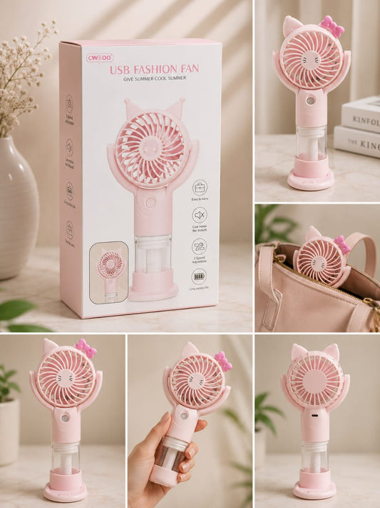 Cute Kitty USB Rechargeable Mini Hand Fan with Mist Spray – Portable 3-Speed Cooling Fan (Pink)