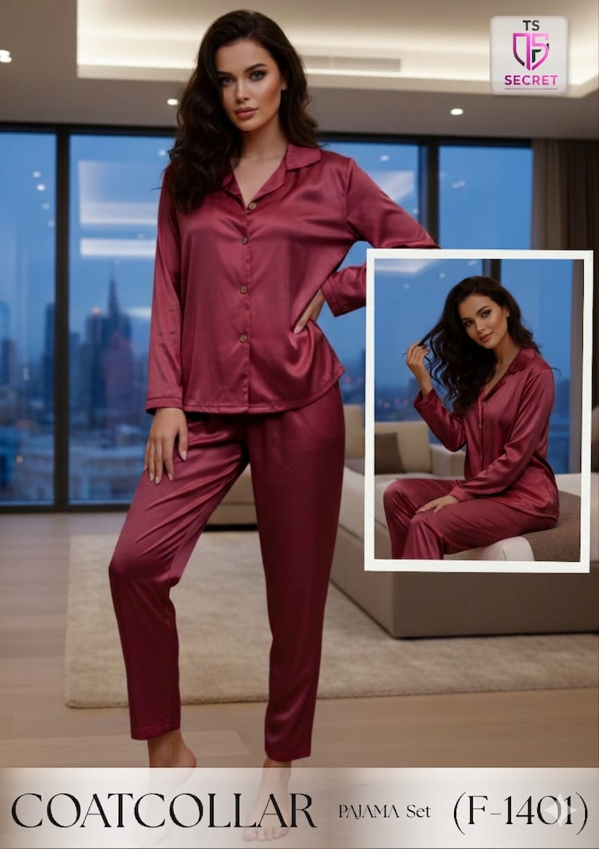 ✨ Premium Satin Coat Collar Pajama Set for Women | Elegant, Soft & Comfortable Sleepwear