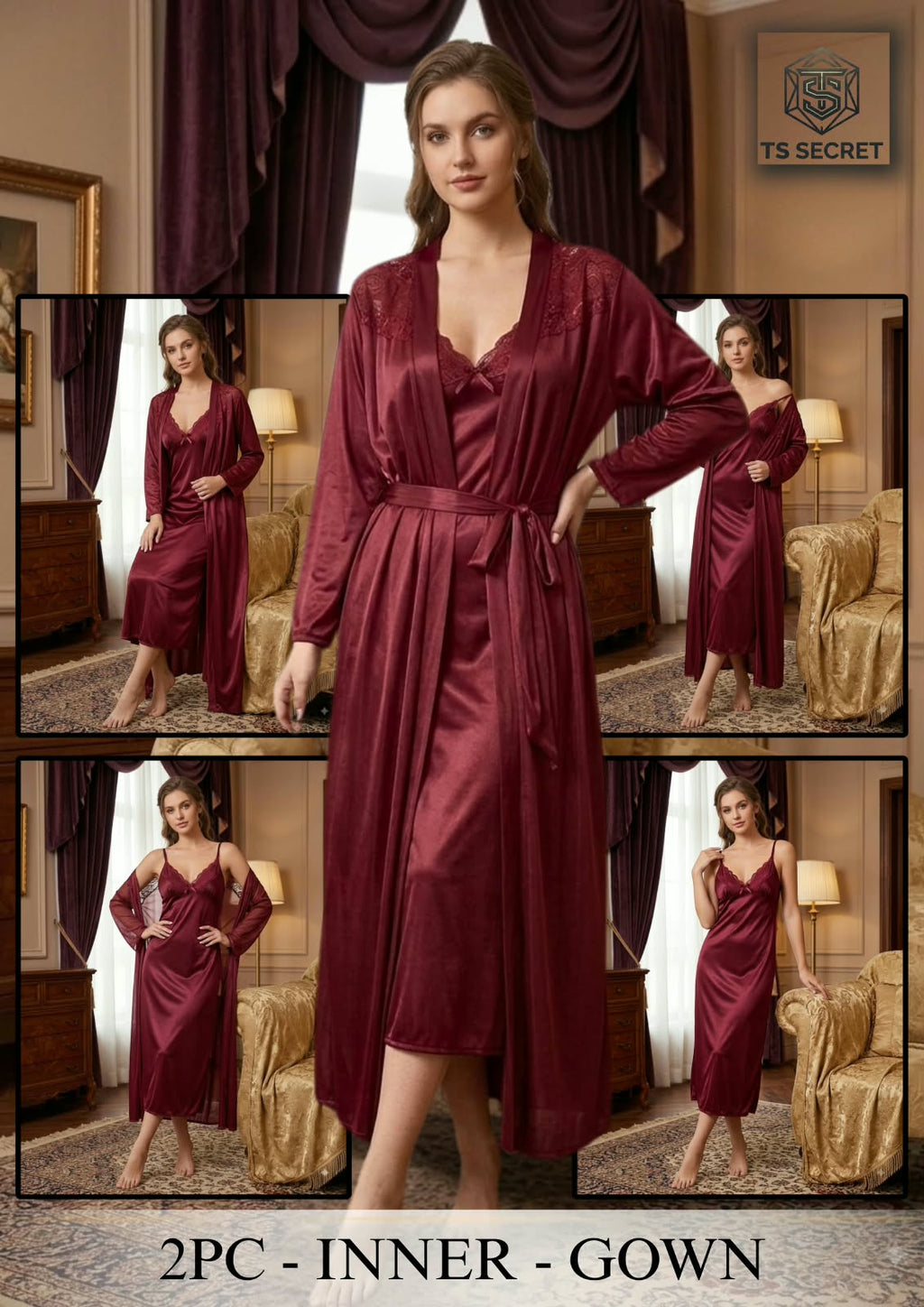 ✨ Premium Satin 2-Piece Inner Gown Set for Women | Elegant & Comfortable Nightwear